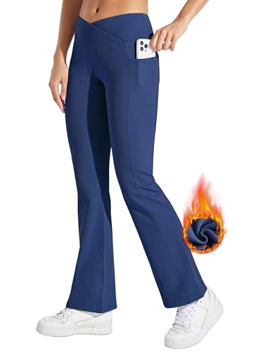 WILLIT Damen Thermo gefütterte Hosen Yogahose Bootcut Fleece Leggings Winter Warm Hose Flare Leggings Schlaghose Crossover Wasserdicht High Waist mit Taschen Navy S von WILLIT