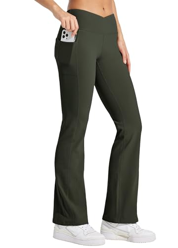 WILLIT Damen Thermo gefütterte Hosen Yogahose Bootcut Fleece Leggings Winter Warm Hose Flare Leggings Schlaghose Crossover Wasserdicht High Waist mit Taschen Olivengrün XXL von WILLIT