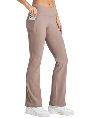 WILLIT Damen Thermo gefütterte Hosen Yogahose Bootcut Fleece Leggings Winter Warm Hose Flare Leggings Schlaghose Crossover Wasserdicht High Waist mit Taschen Rosabraun XS von WILLIT