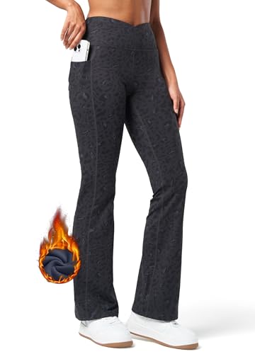 WILLIT Damen Thermo gefütterte Hosen Yogahose Bootcut Fleece Leggings Winter Warm Hose Flare Leggings Schlaghose Crossover Wasserdicht High Waist mit Taschen Schwarz Leopard M von WILLIT