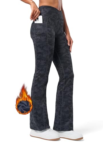 WILLIT Damen Thermo gefütterte Hosen Yogahose Bootcut Fleece Leggings Winter Warm Hose Flare Leggings Schlaghose Crossover Wasserdicht High Waist mit Taschen Schwarz Tarnmuster XXL von WILLIT
