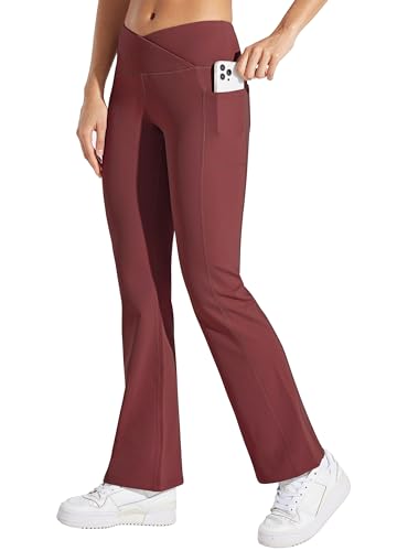 WILLIT Damen Thermo gefütterte Hosen Yogahose Bootcut Fleece Leggings Winter Warm Hose Flare Leggings Schlaghose Crossover Wasserdicht High Waist mit Taschen Weinrot XL von WILLIT