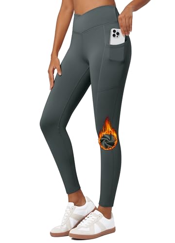 WILLIT Damen Thermo gefütterte Leggings Fleece warme Hose Thermohose Thermoleggings Sportleggings Wanderhose Winterhose High Waist Yogahose Laufhose wasserabweisend Crossover Dunkelgrau L von WILLIT