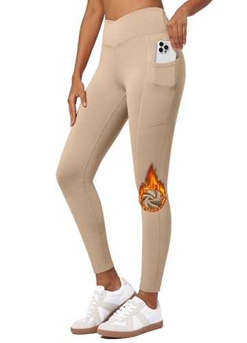 WILLIT Damen Thermo gefütterte Leggings Fleece warme Hose Thermohose Thermoleggings Sportleggings Wanderhose Winterhose High Waist Yogahose Laufhose wasserabweisend Crossover Hell Khaki M von WILLIT