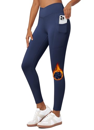 WILLIT Damen Thermo gefütterte Leggings Fleece warme Hose Thermohose Thermoleggings Sportleggings Wanderhose Winterhose High Waist Yogahose Laufhose wasserabweisend Crossover Navy XS von WILLIT