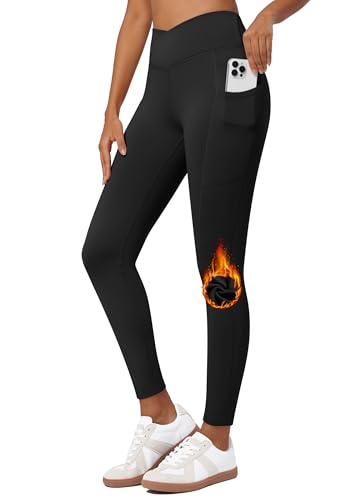 WILLIT Damen Thermo gefütterte Leggings Fleece warme Hose Thermohose Thermoleggings Sportleggings Wanderhose Winterhose High Waist Yogahose Laufhose wasserabweisend Crossover Schwarz M von WILLIT