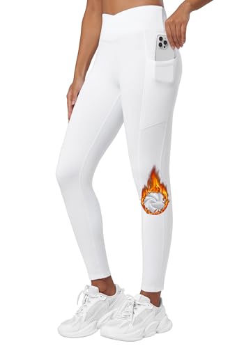 WILLIT Damen Thermo gefütterte Leggings Fleece warme Hose Thermohose Thermoleggings Sportleggings Wanderhose Winterhose High Waist Yogahose Laufhose wasserabweisend Crossover Weiß XL von WILLIT