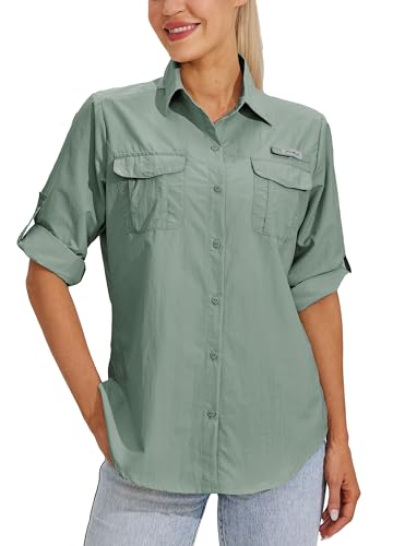 WILLIT Damen UPF 50+ Shirt Sonnenschutz Hemden Langarm Wanderbluse Safari Angelhemden SPF UV Schnelltrockner Wanderhemd Outdoor Hemden Salbei Grün L von WILLIT