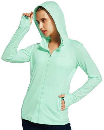 WILLIT Damen Laufjacke Sportjacke Langarm Sonnenschutz Hoodie UV Shirts Laufshirt UPF 50 Leichte Jacke Yoga Fitness Sport Wandern mit Taschen Mintgrün S von WILLIT