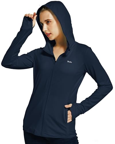WILLIT Damen Laufjacke Sportjacke Langarm Sonnenschutz Hoodie UV Shirts Laufshirt UPF 50 Leichte Jacke Yoga Fitness Sport Wandern mit Taschen Navy XL von WILLIT