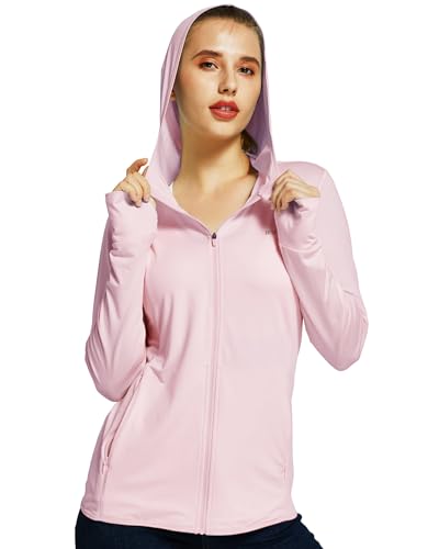 WILLIT Damen Laufjacke Sportjacke Langarm Sonnenschutz Hoodie UV Shirts Laufshirt UPF 50 Leichte Jacke Yoga Fitness Sport Wandern mit Taschen Rosa L von WILLIT