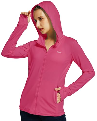 WILLIT Damen Laufjacke Sportjacke Langarm Sonnenschutz Hoodie UV Shirts Laufshirt UPF 50 Leichte Jacke Yoga Fitness Sport Wandern mit Taschen Rosarot M von WILLIT
