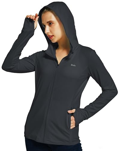 WILLIT Damen Laufjacke Sportjacke Langarm Sonnenschutz Hoodie UV Shirts Laufshirt UPF 50 Leichte Jacke Yoga Fitness Sport Wandern mit Taschen Schwarz M von WILLIT