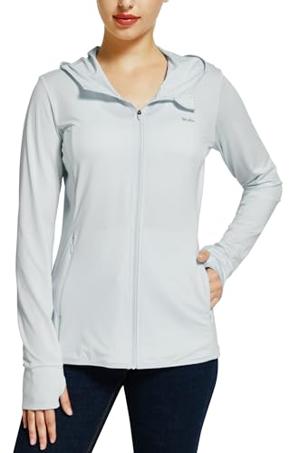 WILLIT Damen Laufjacke Sportjacke Langarm Sonnenschutz Hoodie UV Shirts Laufshirt UPF 50 Leichte Jacke Yoga Fitness Sport Wandern mit Taschen Weiß L von WILLIT