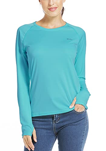 WILLIT Damen Sport Blusen UPF 50+ Sonnenschutz Shirt Langarm Sportshirt UV Shirt Rashguard Bademode Laufen Schwimmen Wandern Angeln Tops Leichtgewicht Blau L von WILLIT