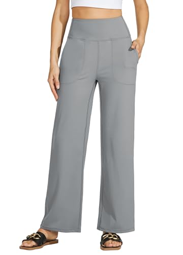 WILLIT Yogahose Damen Weites Bein Sporthose Hohe Taille Yoga Hosen Bauchkontrolle Schlaghose Freizeithose Frauen Jogginghose mit Taschen 30" Hellgrau XL von WILLIT
