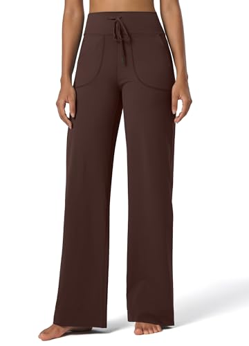 WILLIT Damen Weite Hose Yogahose Sporthose Activewear Hosen mit Taschen Bauchkontrolle Stretch Casual Lounge Comfy Sweatpants Hohe Taille Braun 31" XL von WILLIT