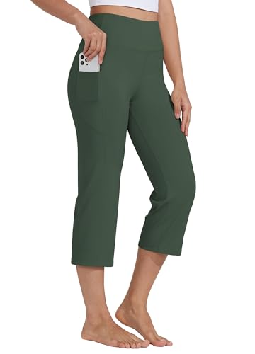 WILLIT Caprihose Damen Yogahose Sporthose Capri Leggings High Waist Hosen Crop gerades Bein Sommerhose Freizeithose Sport Übung Workout 21" mit Taschen Olivengrün XS von WILLIT