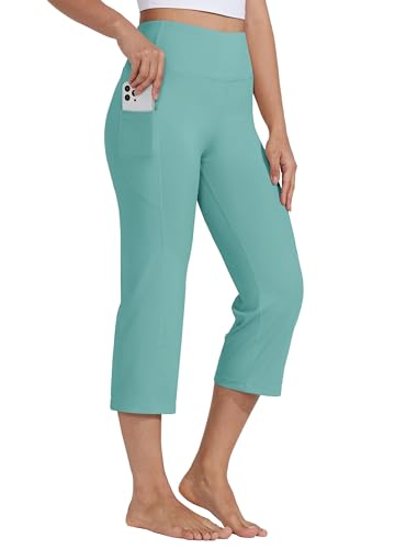 WILLIT Caprihose Damen Yogahose Sporthose Capri Leggings High Waist Hosen Crop gerades Bein Sommerhose Freizeithose Sport Übung Workout 21" mit Taschen Seegrün XL von WILLIT