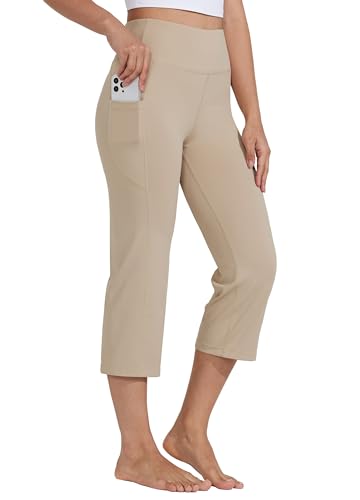 WILLIT Caprihose Damen Yogahose Sporthose Capri Leggings High Waist Hosen Crop gerades Bein Sommerhose Freizeithose Sport Übung Workout 21" mit Taschen Khaki XS von WILLIT