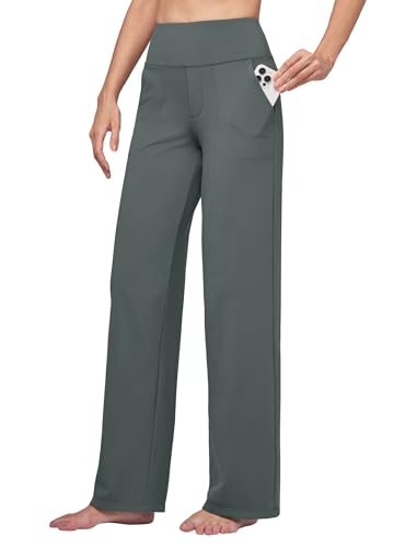 WILLIT Yogahose Damen Weite Bein Hose Stretch Sporthose Jogginghose High Waist Bauchkontrolle Freizeithose Arbeit lässige Hose mit Taschen 28“ Grün 3XL von WILLIT