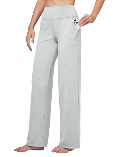 WILLIT Yogahose Damen Weite Bein Hose Stretch Sporthose Jogginghose High Waist Bauchkontrolle Freizeithose Arbeit lässige Hose mit Taschen 28“ Hellgrau L von WILLIT