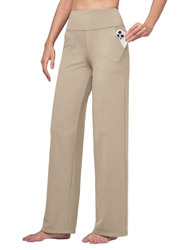 WILLIT Yogahose Damen Weite Bein Hose Stretch Sporthose Jogginghose High Waist Bauchkontrolle Freizeithose Arbeit lässige Hose mit Taschen 28“ Khaki M von WILLIT