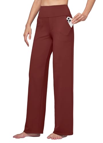 WILLIT Yogahose Damen Weite Bein Hose Stretch Sporthose Jogginghose High Waist Bauchkontrolle Freizeithose Arbeit lässige Hose mit Taschen 28“ Weinrot XXL von WILLIT