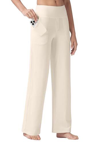 WILLIT Yogahose Damen Weite Bein Hose Stretch Sporthose Jogginghose High Waist Bauchkontrolle Freizeithose Arbeit lässige Hose mit Taschen 30“ Beige XS von WILLIT