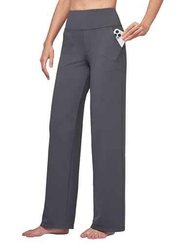 WILLIT Yogahose Damen Weite Bein Hose Stretch Sporthose Jogginghose High Waist Bauchkontrolle Freizeithose Arbeit lässige Hose mit Taschen 32“ Grau XXL von WILLIT