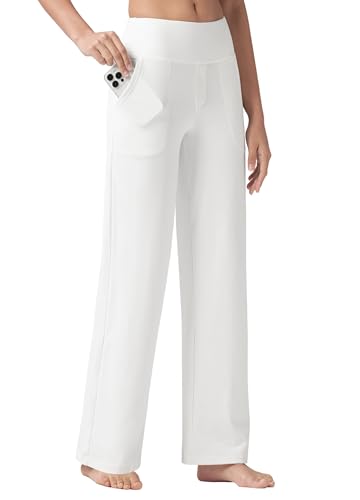 WILLIT Yogahose Damen Weite Bein Hose Stretch Sporthose Jogginghose High Waist Bauchkontrolle Freizeithose Arbeit lässige Hose mit Taschen 32“ Weiß XXL von WILLIT