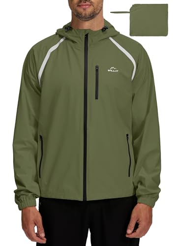 WILLIT Fahrradjacke Herren Regenjacke Wasserdicht mit Kapuze Leichte Radfahren Gear Windbreaker Atmungsaktiv Windjacke Verpackbar für Golf Radfahren Wandern Laufen Outdoor Armeegrün L von WILLIT
