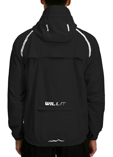 WILLIT Fahrradjacke Herren Regenjacke Wasserdicht mit Kapuze Leichte Radfahren Gear Windbreaker Atmungsaktiv Windjacke Verpackbar für Golf Radfahren Wandern Laufen Outdoor Schwarz XL von WILLIT