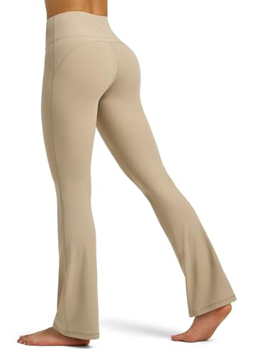WILLIT Flared Leggings Damen Yogahose Hohe Taille Schlaghose Bootcut Sporthose Blickdicht Leggins Bootleg Arbeitshose mit Taschen 77cm Khaki L von WILLIT