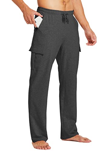 WILLIT Herren Baumwolle Yogahose Cargo Sweathosen offener Boden Jogginghose gerader Passform Laufschuhe lässige sportliche Hosen mit Taschen grau M von WILLIT