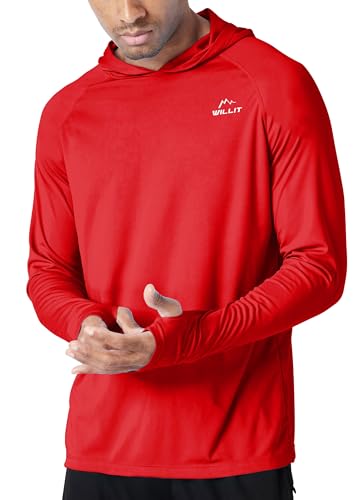 WILLIT Herren Hoodie Kapuzenpullover UPF 50+ Sonnenschutz Rashguard Kapuzen Shirt Langarm SPF Angeln Outdoor Laufen Wandern Leicht Rot M von WILLIT