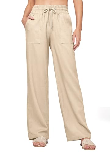 WILLIT Hose Damen Leinenhose Baumwolle Sommerhose Leinen Stoffhose Einfarbig Jogginghose Weites Bein Palazzo Hose Casual Freizeithose Strandhose mit Taschen 29" Khaki M von WILLIT