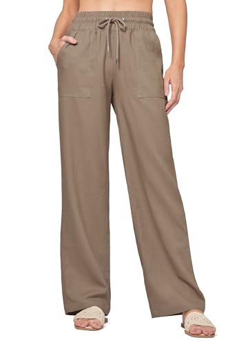 WILLIT Hose Damen Leinenhose Baumwolle Sommerhose Leinen Stoffhose Einfarbig Jogginghose Weites Bein Palazzo Hose Freizeithose Casual Strandhose mit Taschen 29" Dunkelkhaki 3XL von WILLIT
