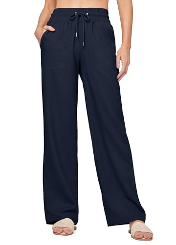 WILLIT Hose Damen Leinenhose Baumwolle Sommerhose Leinen Stoffhose Einfarbig Jogginghose Weites Bein Palazzo Hose Freizeithose Casual Strandhose mit Taschen 29" Navy 3XL von WILLIT