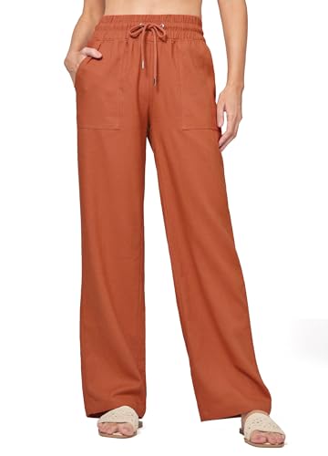 WILLIT Hose Damen Leinenhose Baumwolle Sommerhose Leinen Stoffhose Einfarbig Jogginghose Weites Bein Palazzo Hose Freizeithose Casual Strandhose mit Taschen 31" Orange XS von WILLIT