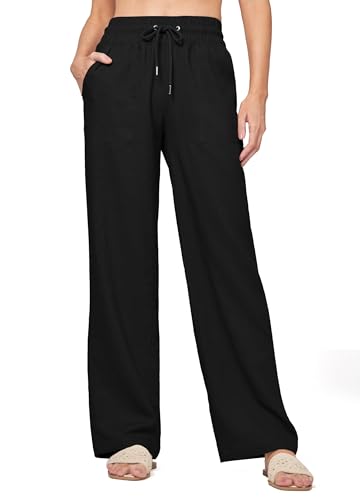 WILLIT Hose Damen Leinenhose Baumwolle Sommerhose Leinen Stoffhose Einfarbig Jogginghose Weites Bein Palazzo Hose Freizeithose Casual Strandhose mit Taschen 31" Schwarz XS von WILLIT