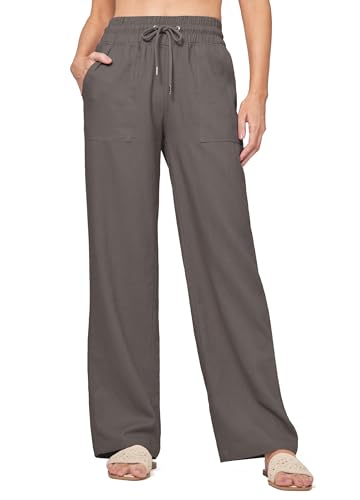 WILLIT Hose Damen Leinenhose Baumwolle Sommerhose Leinen Stoffhose Einfarbig Jogginghose Weites Bein Palazzo Hose Freizeithose Casual Strandhose mit Taschen 33" Grau XL von WILLIT