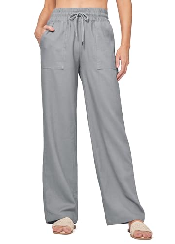 WILLIT Hose Damen Leinenhose Baumwolle Sommerhose Leinen Stoffhose Einfarbig Jogginghose Weites Bein Palazzo Hose Freizeithose Casual Strandhose mit Taschen 33" Hellgrau 3XL von WILLIT