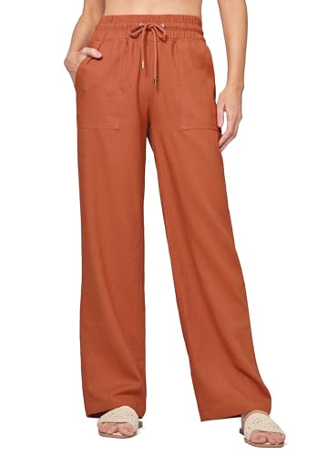 WILLIT Hose Damen Leinenhose Baumwolle Sommerhose Leinen Stoffhose Einfarbig Jogginghose Weites Bein Palazzo Hose Freizeithose Casual Strandhose mit Taschen 33" Orange M von WILLIT