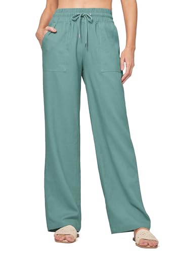 WILLIT Hose Damen Leinenhose Baumwolle Sommerhose Leinen Stoffhose Einfarbig Jogginghose Weites Bein Palazzo Hose Freizeithose Casual Strandhose mit Taschen 33" Seegrün XS von WILLIT