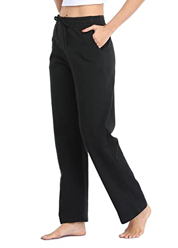 WILLIT Jogginghose Damen Baumwoll Sweatpants Yogahose unten offen Freizeithose gerades Bein Lounge Athletische Sporthose Trainingshose Kordelzug mit Taschen Schwarz S von WILLIT