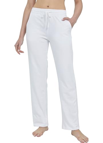 WILLIT Jogginghose Damen Baumwolle Trainingshose Lang Freizeithose Sporthose Yogahose gerades Bein Sport Lounge Sweatpants Kordelzug mit Taschen Weiß M von WILLIT