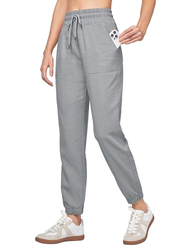 WILLIT Jogginghose Damen Baumwolle Leinen Hosen Jogger Sporthose Lässig Sweatpants Leichte Hosen Trainingshose Lounge Reisen Sommer Hosen mit Taschen Hellgrau XXL von WILLIT