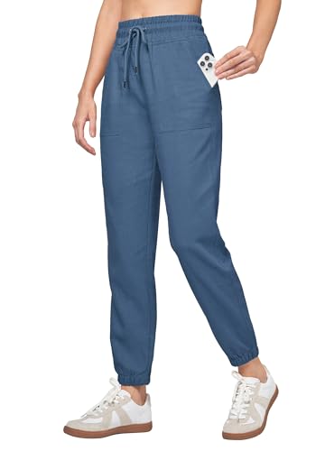 WILLIT Jogginghose Damen Baumwolle Leinen Hosen Jogger Sporthose Lässig Sweatpants Leichte Hosen Trainingshose Lounge Reisen Sommer Hosen mit Taschen Jeansblau XXL von WILLIT
