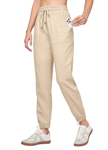 WILLIT Jogginghose Damen Baumwolle Leinen Hosen Jogger Sporthose Lässig Sweatpants Leichte Hosen Trainingshose Lounge Reisen Sommer Hosen mit Taschen Khaki M von WILLIT